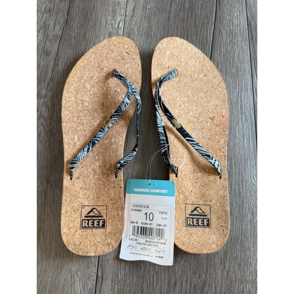Reef‎ Cushion Slim Palmia Cork Flip Flop Sandals Womens 10 CI6701 Black White